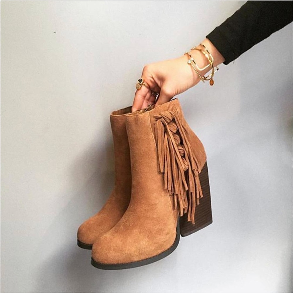 Leather Knotted Fringe Block Heel Ankle Booties - Picture 4 of 4